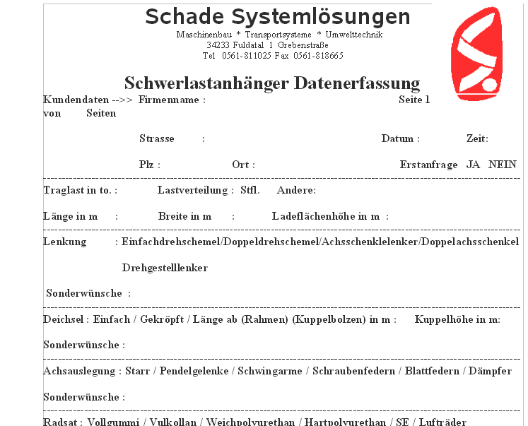  Schade Systemlsungen Datenaufnahmevormular copyright (c) 2006.